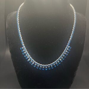 vintage blue rhinestone fringe necklace silver tone dangle statement